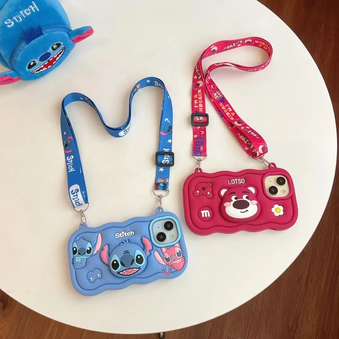 Horizontal Lanyard Stand Case with Stitch & Strawberry Bear for iPhone 17 – Compatible with iPhone 16/14 Pro Max/13, Dual-Character Design Shockproof Bumper